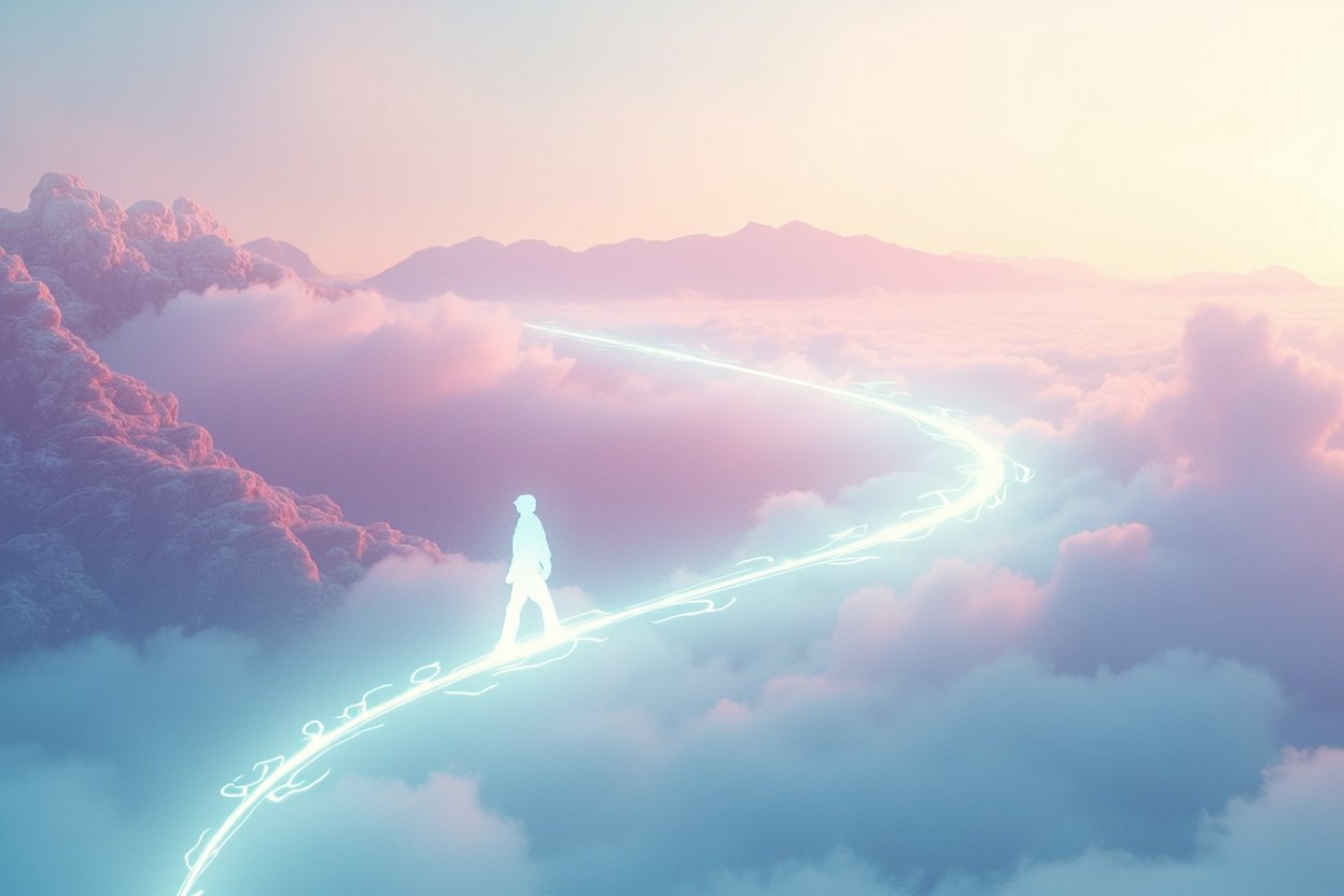 清晨光暈中，光之河流蜿蜒穿過雲海，一個人走在光河上，遠方是記憶之山